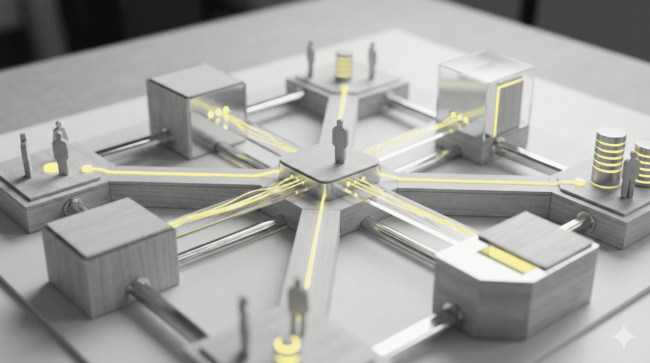 Un modelo físico en miniatura de una red de datos con un nodo central y múltiples conexiones periféricas a otros nodos con figuras humanas y bases de datos. Las conexiones están iluminadas con luz amarilla, representando el flujo de información, ilustrando el concepto de memoria transactiva en la era digital.