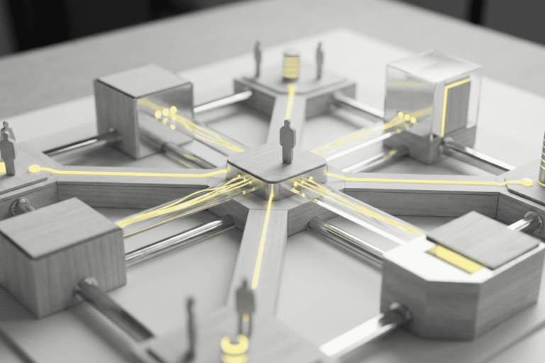Un modelo físico en miniatura de una red de datos con un nodo central y múltiples conexiones periféricas a otros nodos con figuras humanas y bases de datos. Las conexiones están iluminadas con luz amarilla, representando el flujo de información, ilustrando el concepto de memoria transactiva en la era digital.