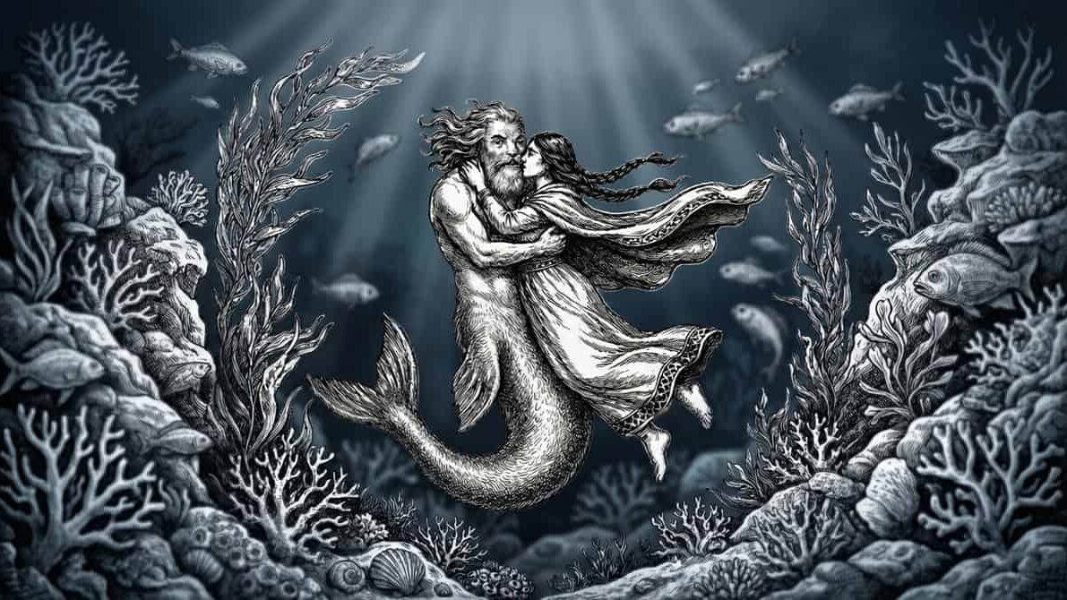 Alto texto: Ilustración mítica del príncipe y la sirena en fondo submarino oscuro.