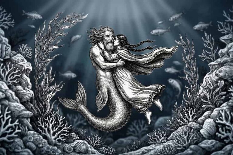 Alto texto: Ilustración mítica del príncipe y la sirena en fondo submarino oscuro.