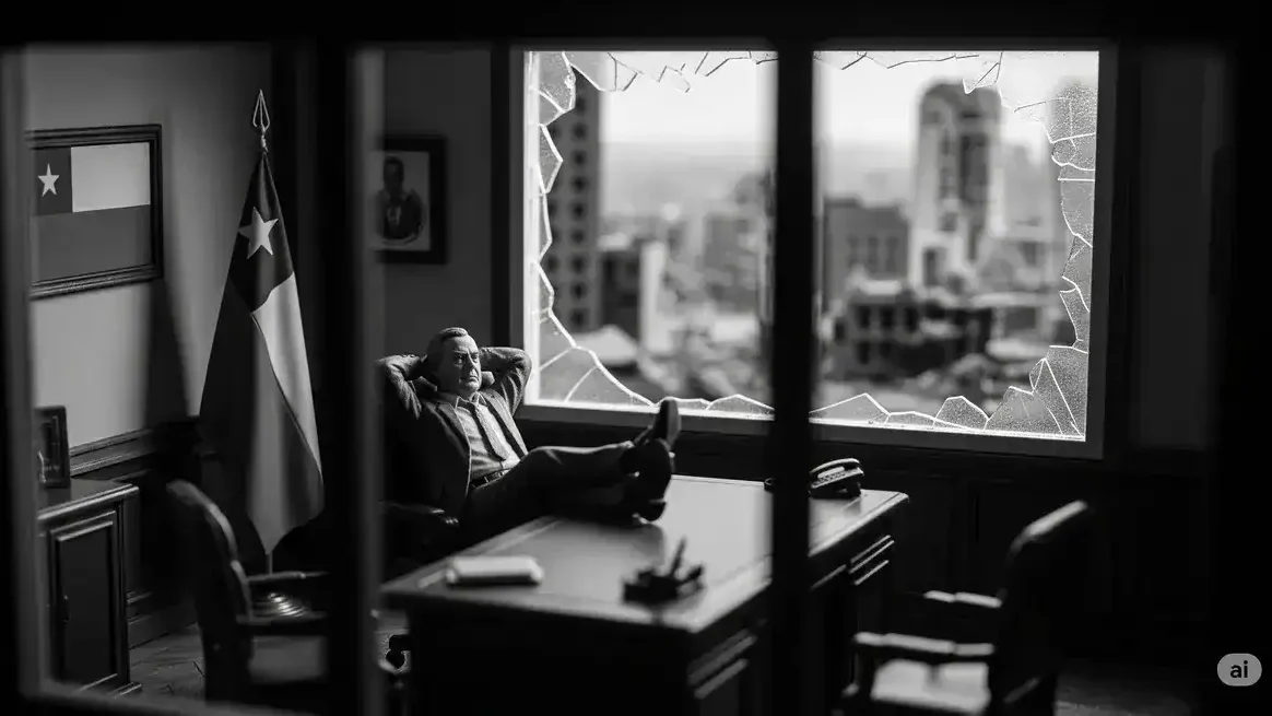 Tráiler de oficina con ventana rota, figura masculina y bandera Chile en ambiente corporativo.