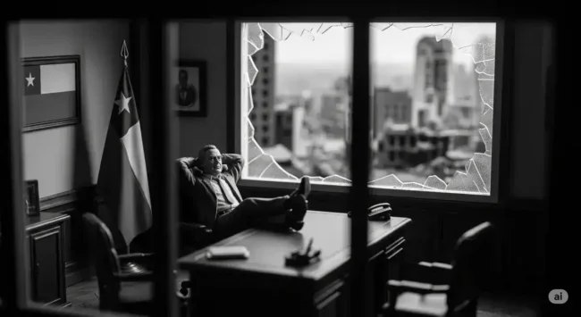 Tráiler de oficina con ventana rota, figura masculina y bandera Chile en ambiente corporativo.