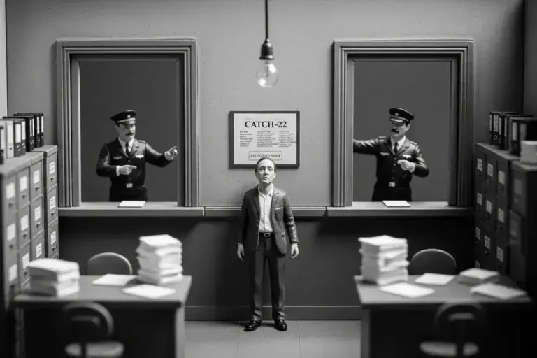 1. Señor en oficina con dos agentes de policía en ventanas.