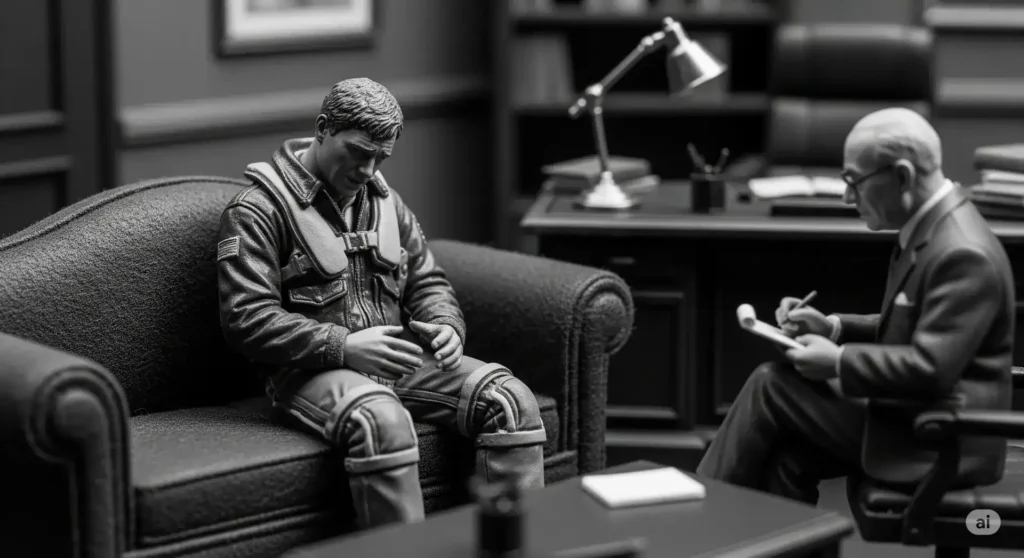 Maqueta en blanco y negro: un piloto joven hundido en un sillón frente a un oficial mayor que toma notas en su escritorio.